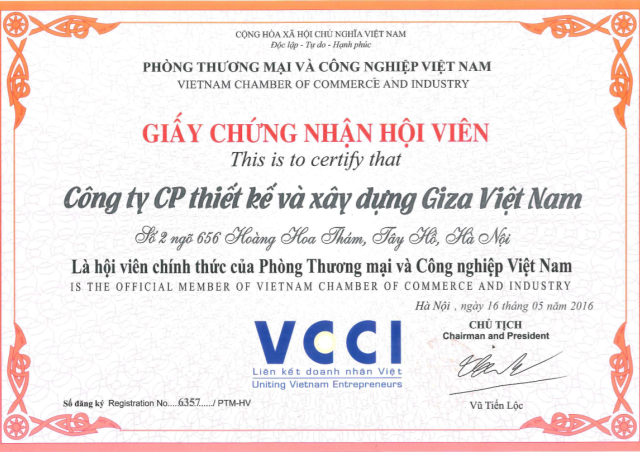 Chứng nhận Hội viên chính thức của Phòng Thương mại & Công nghiệp Việt Nam - VCCI